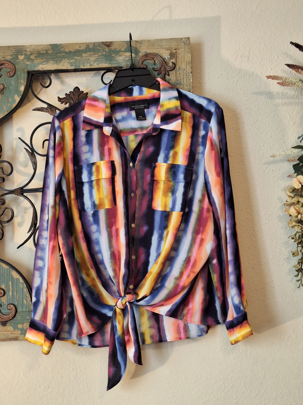 Investments Multicolor Watercolor Stripe Tie-Front Button Down Shirt. PXL